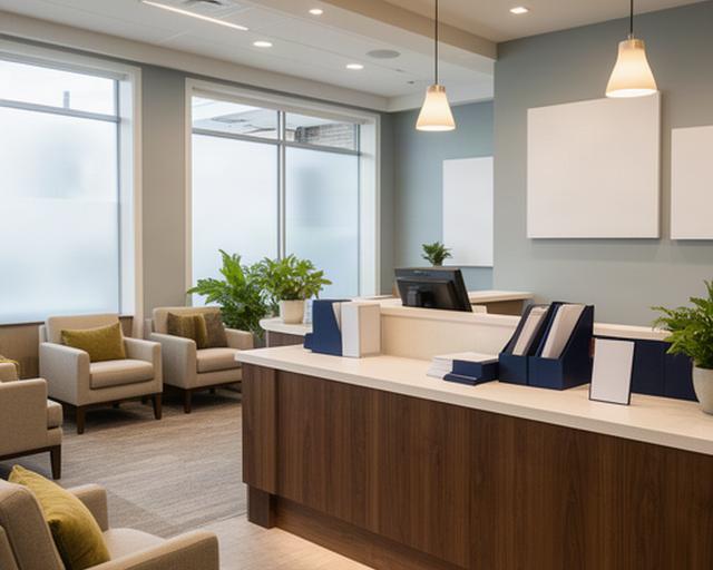 Warm interior of a Lakeville community bank branch on Juniper Way with a service desk and local customer seating
