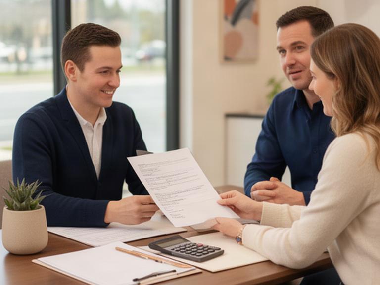 Mortgage adviser reviewing home loan documents with a couple in a bright Lakeville office
