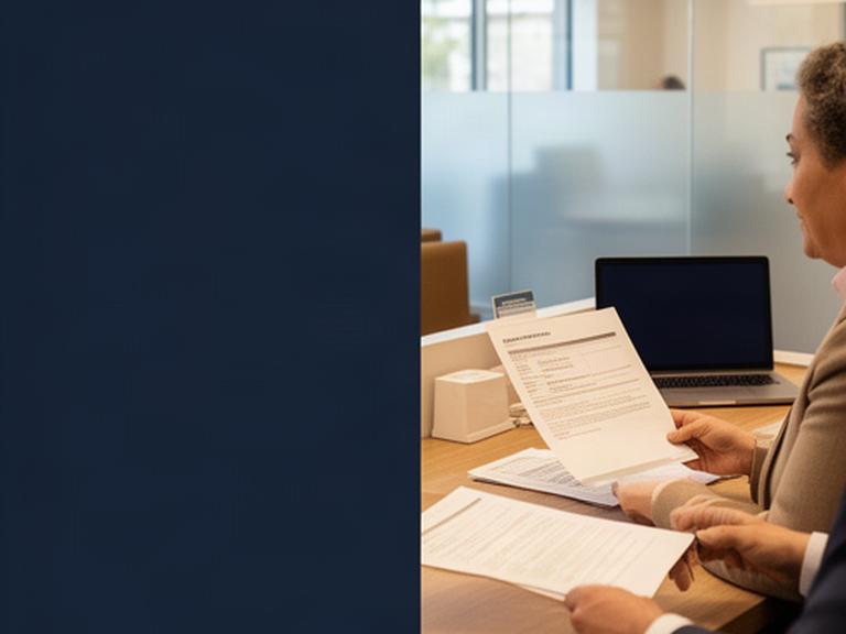Banking adviser reviewing a printed account agreement at a desk in a Lakeville branch office