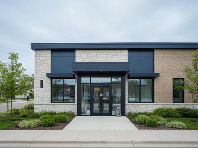 Exterior of a neighborhood bank branch on Juniper Way in Lakeville, Minnesota, with secure glass entry doors